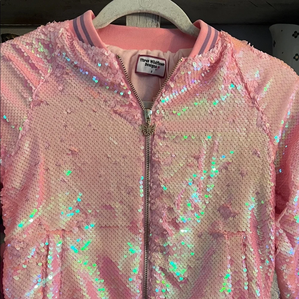 Pink Sequin Jacket with Butterfly Patches custom made by 3 wildflower designs !! - Picture 4 of 13
